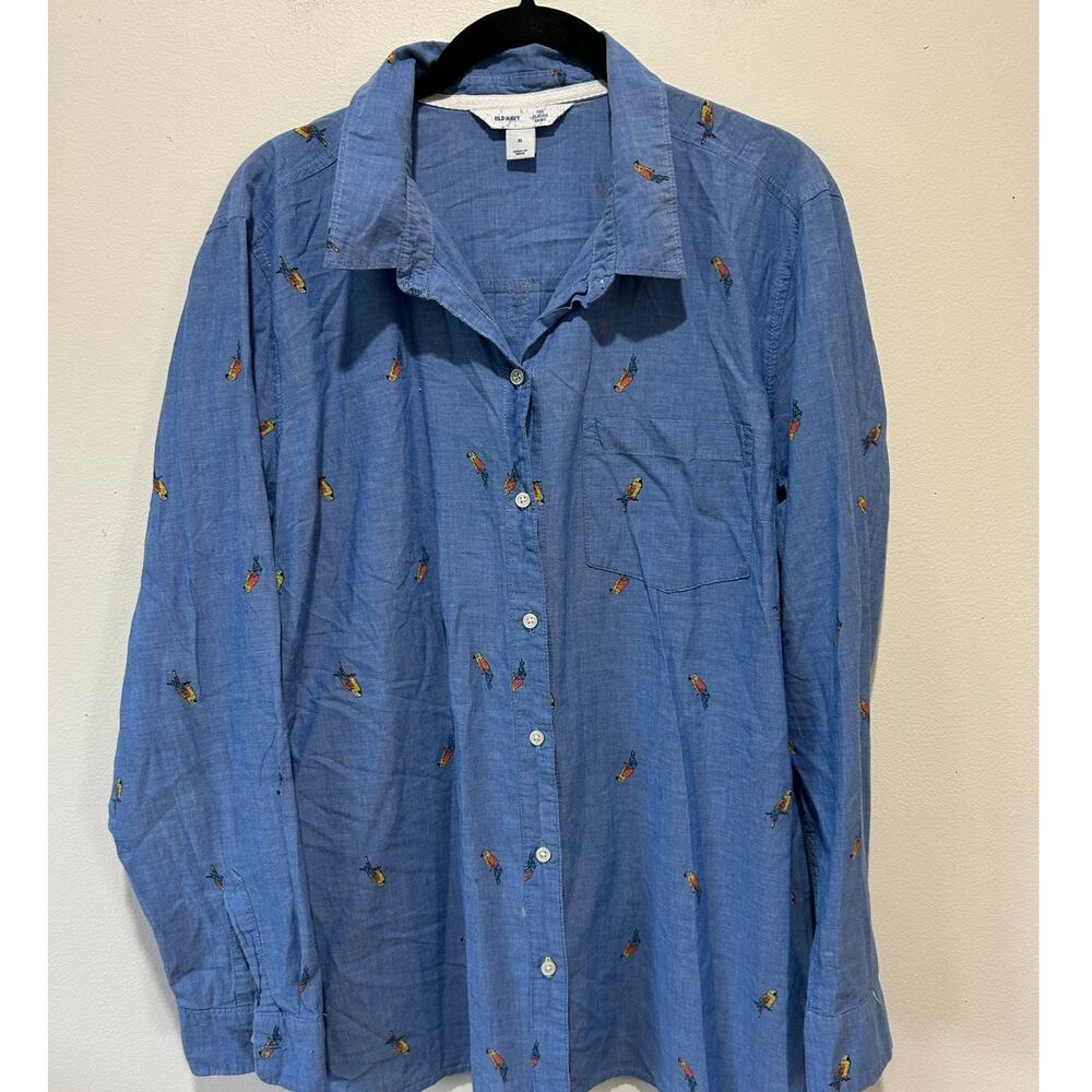 Old Navy parrot print classic blue button down shirt size XL womens cotton